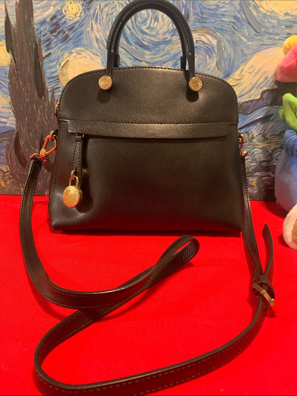 Furla Black Crossbody Satchel with Gold Hardware